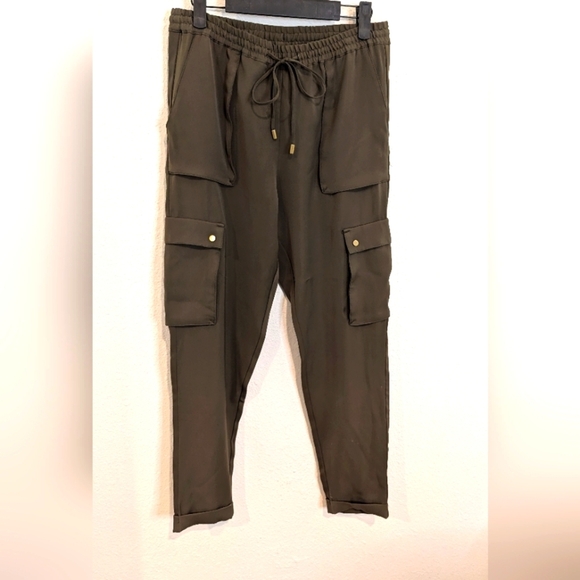 Olive Satin Feel Cargo Jogger Pants - Picture 1 of 5